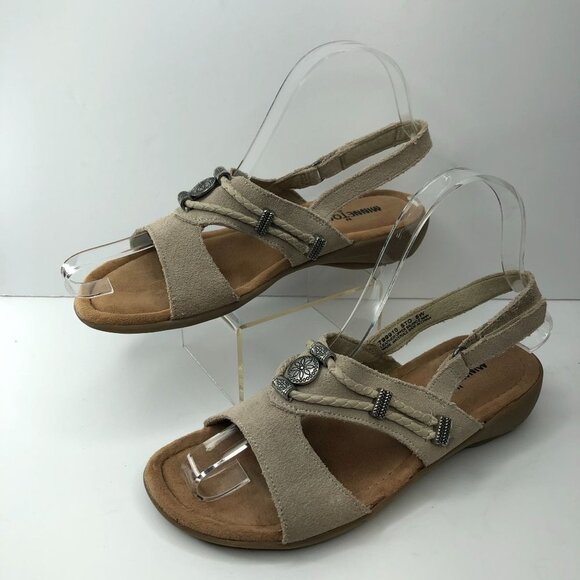 Minnetonka Women Sliver Beaded Tan Leather Sling Back Sandals Size 5W - Picture 3 of 12